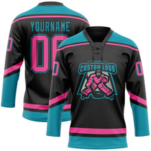 Load image into Gallery viewer, Custom Black Pink-Teal Hockey Lace Neck Jersey