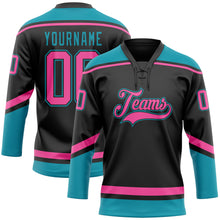 Load image into Gallery viewer, Custom Black Pink-Teal Hockey Lace Neck Jersey