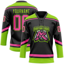 Load image into Gallery viewer, Custom Black Pink-Neon Green Hockey Lace Neck Jersey
