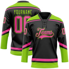 Load image into Gallery viewer, Custom Black Pink-Neon Green Hockey Lace Neck Jersey