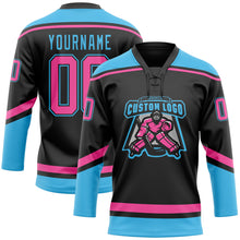 Load image into Gallery viewer, Custom Black Pink-Sky Blue Hockey Lace Neck Jersey