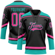 Load image into Gallery viewer, Custom Black Pink-Aqua Hockey Lace Neck Jersey