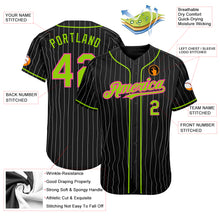 Load image into Gallery viewer, Custom Black White Pinstripe Neon Green-Pink Authentic Baseball Jersey