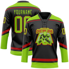 Load image into Gallery viewer, Custom Black Neon Green-Red Hockey Lace Neck Jersey