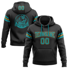 Load image into Gallery viewer, Custom Stitched Black Teal-Old Gold Football Pullover Sweatshirt Hoodie