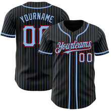 Load image into Gallery viewer, Custom Black Light Blue Pinstripe Red Authentic Baseball Jersey