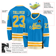 Load image into Gallery viewer, Custom Blue Gold-Cream Hockey Jersey
