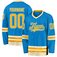 Load image into Gallery viewer, Custom Blue Gold-Cream Hockey Jersey