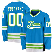 Load image into Gallery viewer, Custom Blue White-Neon Green Hockey Jersey