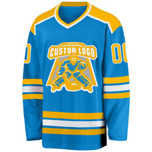 Load image into Gallery viewer, Custom Blue Gold-White Hockey Jersey