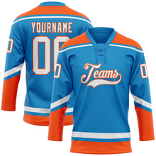 Load image into Gallery viewer, Custom Blue White-Orange Hockey Lace Neck Jersey