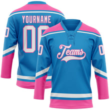 Load image into Gallery viewer, Custom Blue White-Pink Hockey Lace Neck Jersey