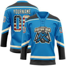 Load image into Gallery viewer, Custom Blue Vintage USA Flag Cream-Black Hockey Lace Neck Jersey