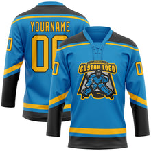 Load image into Gallery viewer, Custom Blue Gold-Black Hockey Lace Neck Jersey