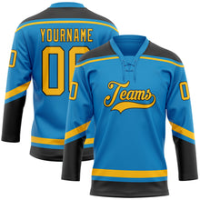Load image into Gallery viewer, Custom Blue Gold-Black Hockey Lace Neck Jersey