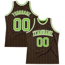 Load image into Gallery viewer, Custom Brown White Pinstripe Neon Green Authentic Basketball Jersey