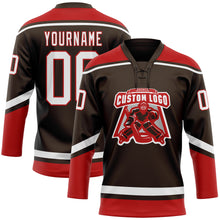 Load image into Gallery viewer, Custom Brown White-Red Hockey Lace Neck Jersey