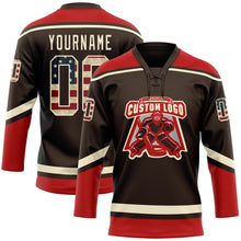 Load image into Gallery viewer, Custom Brown Vintage USA Flag Cream-Red Hockey Lace Neck Jersey