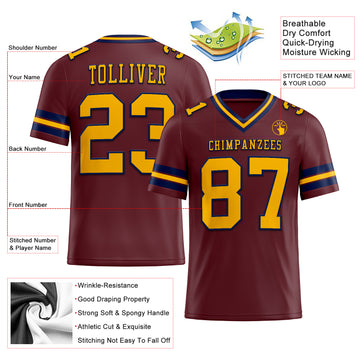 Custom Burgundy Gold-Navy Authentic Football Jersey