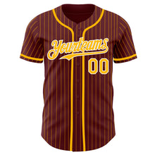 Load image into Gallery viewer, Custom Burgundy Gold Pinstripe White Authentic Baseball Jersey