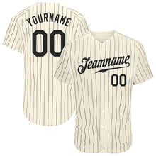 Load image into Gallery viewer, Custom Cream Black Pinstripe Black Authentic Baseball Jersey