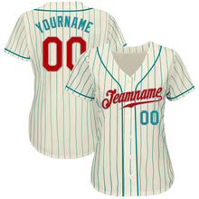 Load image into Gallery viewer, Custom Cream Teal Pinstripe Red Teal-Gray Authentic Baseball Jersey