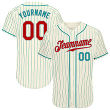 Load image into Gallery viewer, Custom Cream Teal Pinstripe Red Teal-Gray Authentic Baseball Jersey
