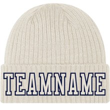 Load image into Gallery viewer, Custom Cream Cream-Navy Stitched Cuffed Knit Hat