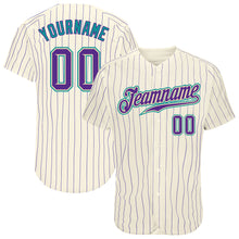 Load image into Gallery viewer, Custom Cream Purple Pinstripe Purple-Teal Authentic Baseball Jersey