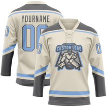Load image into Gallery viewer, Custom Cream Light Blue-Steel Gray Hockey Lace Neck Jersey