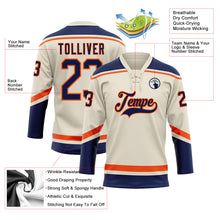 Load image into Gallery viewer, Custom Cream Navy-Orange Hockey Lace Neck Jersey