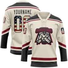 Load image into Gallery viewer, Custom Cream Vintage USA Flag Black-Maroon Hockey Lace Neck Jersey