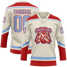Load image into Gallery viewer, Custom Cream Light Blue-Red Hockey Lace Neck Jersey