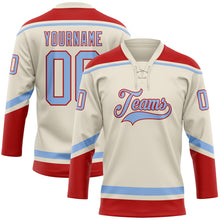 Load image into Gallery viewer, Custom Cream Light Blue-Red Hockey Lace Neck Jersey