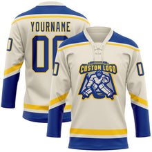 Load image into Gallery viewer, Custom Cream Royal-Yellow Hockey Lace Neck Jersey