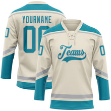 Load image into Gallery viewer, Custom Cream Teal-Gray Hockey Lace Neck Jersey