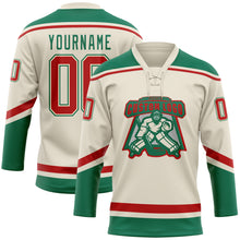 Load image into Gallery viewer, Custom Cream Red-Kelly Green Hockey Lace Neck Jersey