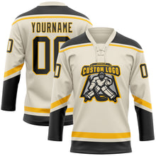 Load image into Gallery viewer, Custom Cream Black-Gold Hockey Lace Neck Jersey