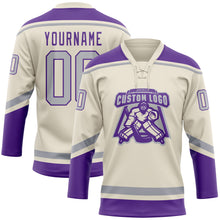 Load image into Gallery viewer, Custom Cream Gray-Purple Hockey Lace Neck Jersey
