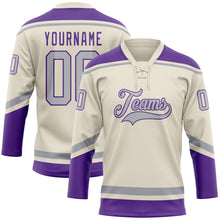 Load image into Gallery viewer, Custom Cream Gray-Purple Hockey Lace Neck Jersey