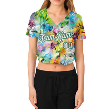 Load image into Gallery viewer, Custom Women's Graffiti Pattern White-Kelly Green Scratch 3D V-Neck Cropped Baseball Jersey