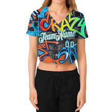 Load image into Gallery viewer, Custom Women's Graffiti Pattern White-Aqua Geometric 3D V-Neck Cropped Baseball Jersey