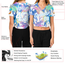 Load image into Gallery viewer, Custom Women's White White-Light Blue Hawaii Palm Trees 3D V-Neck Cropped Baseball Jersey