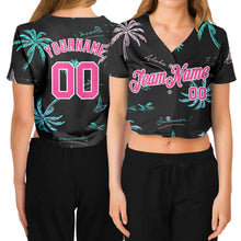 Load image into Gallery viewer, Custom Women's Black Pink-White Hawaii Palm Trees 3D V-Neck Cropped Baseball Jersey