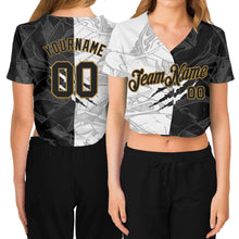 Load image into Gallery viewer, Custom Women's Graffiti Pattern Black-Old Gold Scratch 3D V-Neck Cropped Baseball Jersey