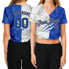 Load image into Gallery viewer, Custom Women's Graffiti Pattern Royal-Old Gold Scratch 3D V-Neck Cropped Baseball Jersey