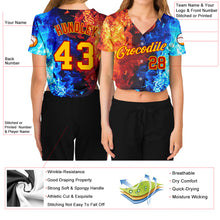 Load image into Gallery viewer, Custom Women's Red Gold Royal-Light Blue Flame 3D V-Neck Cropped Baseball Jersey