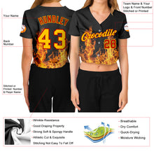 Load image into Gallery viewer, Custom Women's Black Gold-Red Flame 3D V-Neck Cropped Baseball Jersey