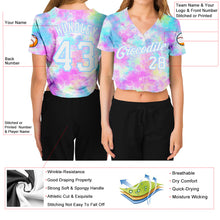 Load image into Gallery viewer, Custom Women's Tie Dye White-Light Blue Watercolor Gradient 3D V-Neck Cropped Baseball Jersey