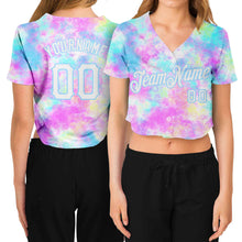 Load image into Gallery viewer, Custom Women's Tie Dye White-Light Blue Watercolor Gradient 3D V-Neck Cropped Baseball Jersey